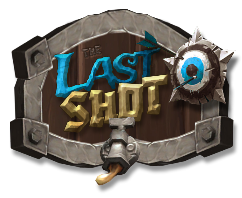 The Last Shot A sign board with a target and several arrows above a keg tap. Blue and gold wording proclaim it as the last shot tavern.